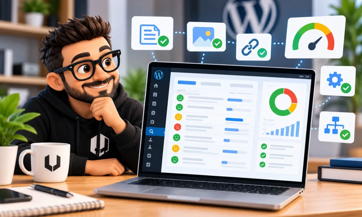 Ilustración de una auditoría SEO en WordPress con análisis de contenidos, metadatos, enlaces e indicadores de optimización.
