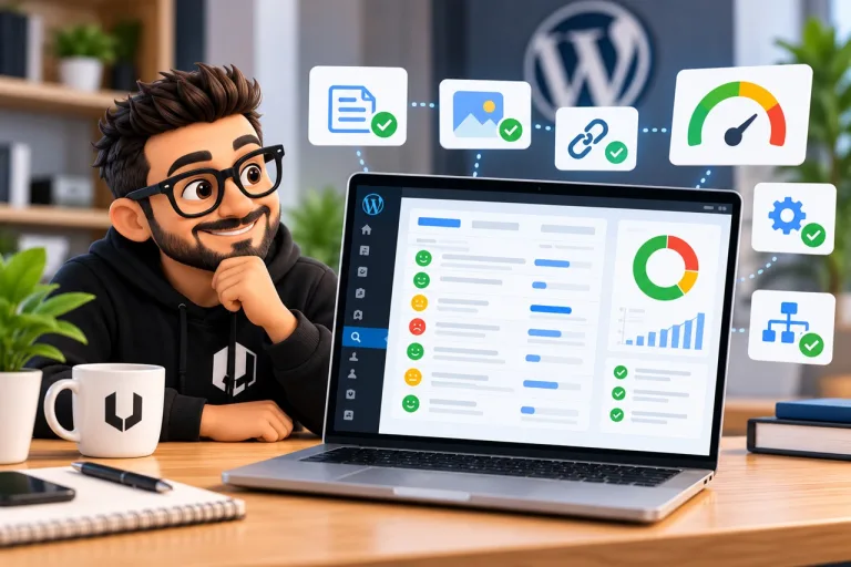 Ilustración de una auditoría SEO en WordPress con análisis de contenidos, metadatos, enlaces e indicadores de optimización.