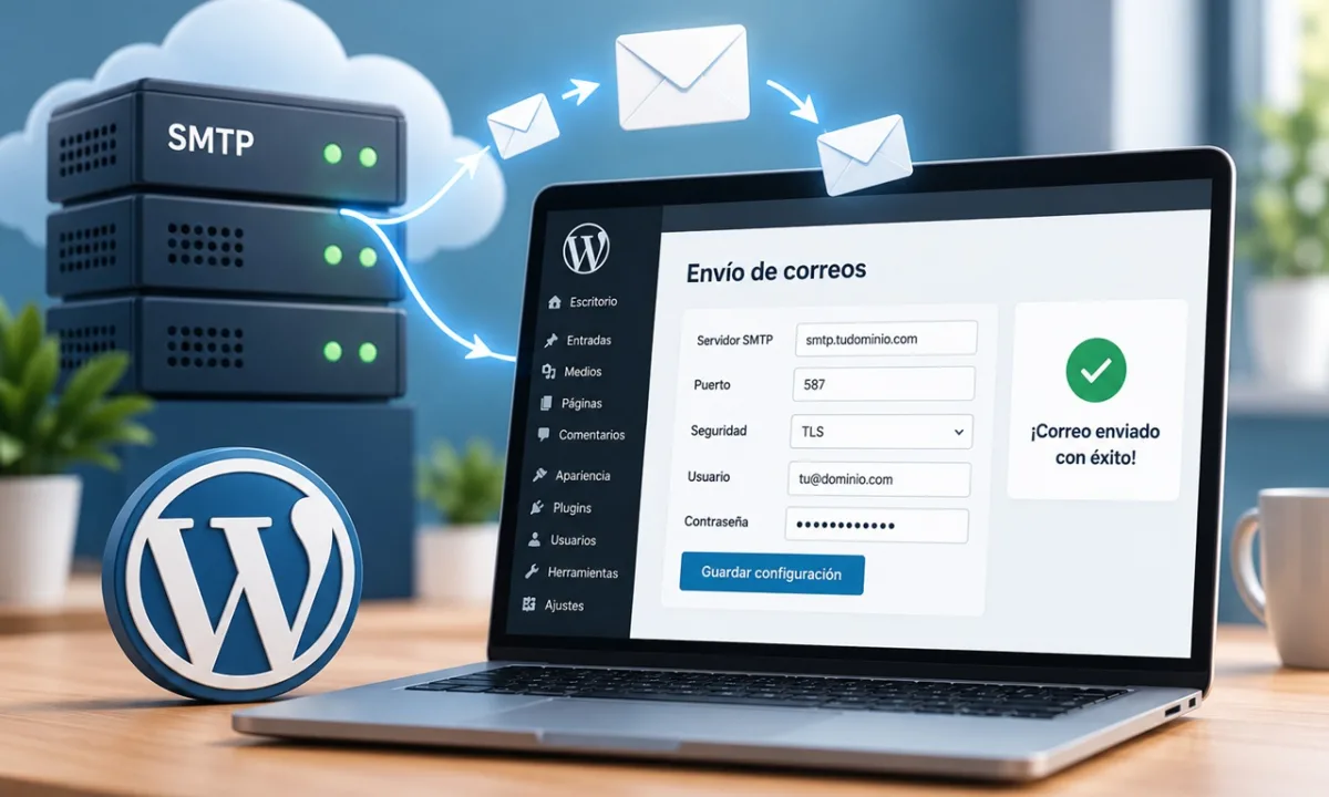 Ilustración del envío de correos electrónicos mediante un servidor SMTP conectado a WordPress.