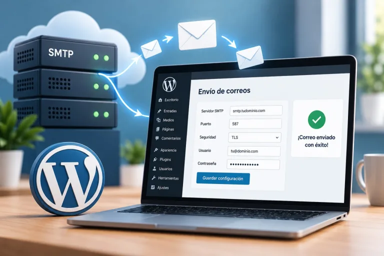 Ilustración del envío de correos electrónicos mediante un servidor SMTP conectado a WordPress.