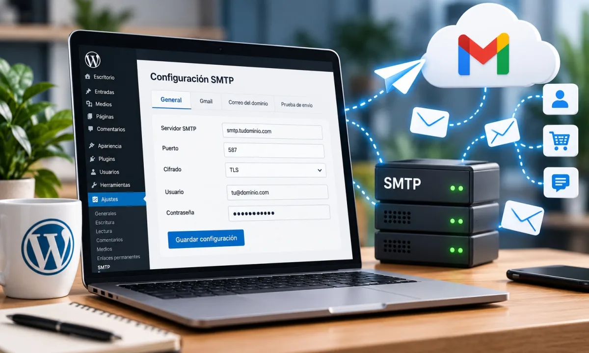 Panel de configuración SMTP en WordPress con servidor de correo, puerto 587, cifrado TLS y conexión con Gmail.