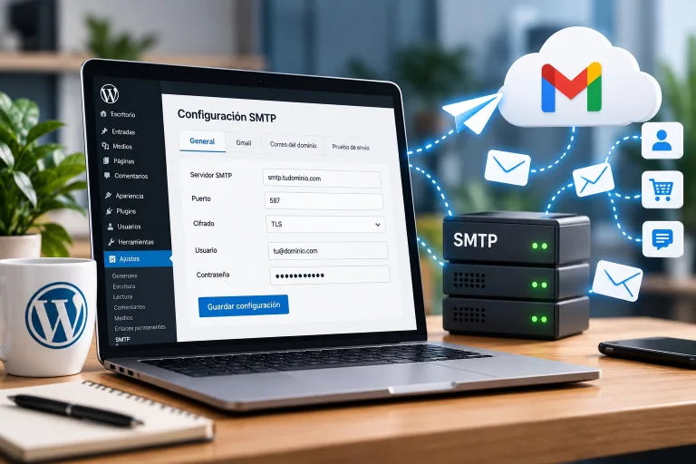Panel de configuración SMTP en WordPress con servidor de correo, puerto 587, cifrado TLS y conexión con Gmail.