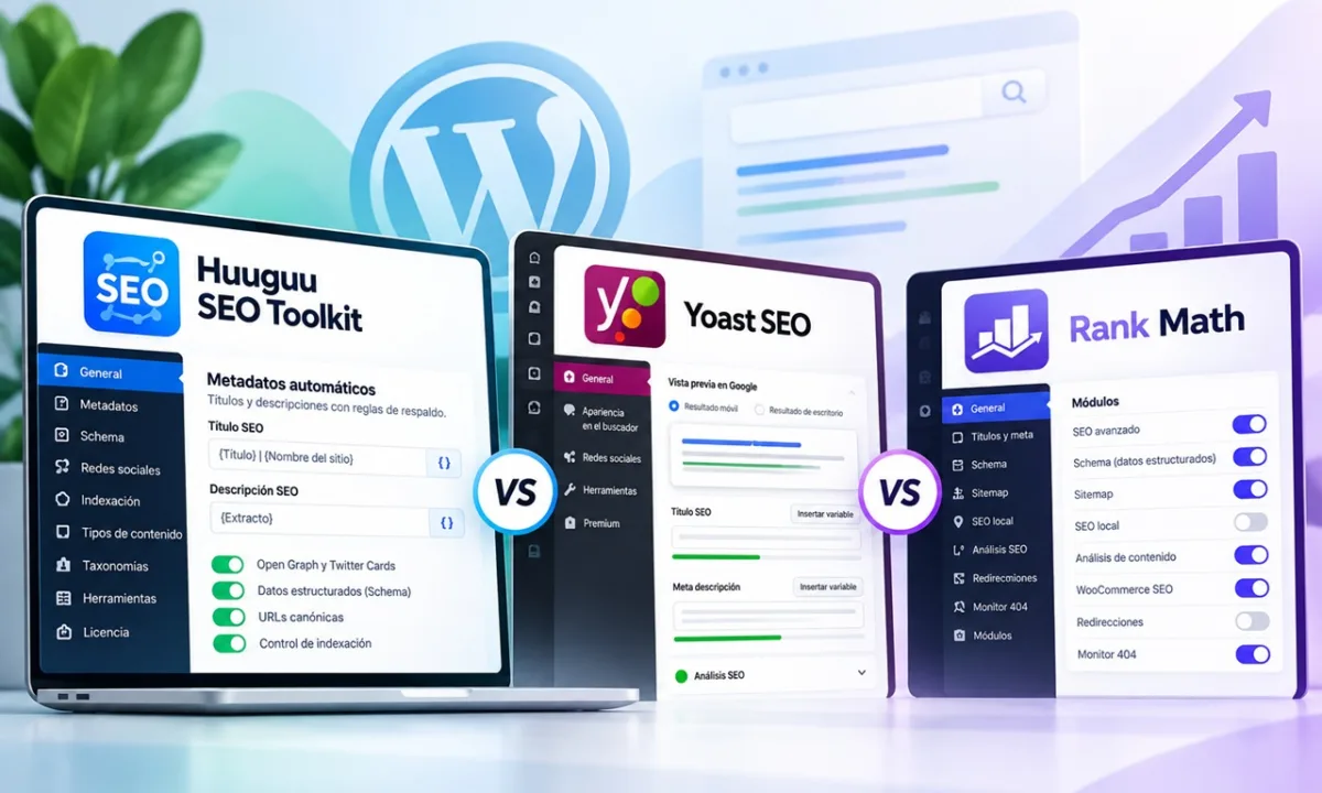 Comparativa de plugins SEO para WordPress: Huuguu SEO Toolkit, Yoast SEO y Rank Math