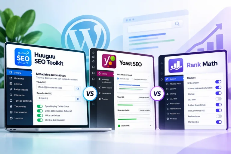 Comparativa de plugins SEO para WordPress: Huuguu SEO Toolkit, Yoast SEO y Rank Math